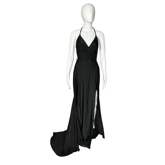 La Femme Womens Black sz 10 V-Neck Sexy Back Fitted Front Slit Maxi Gown Dress - Picture 2 of 13